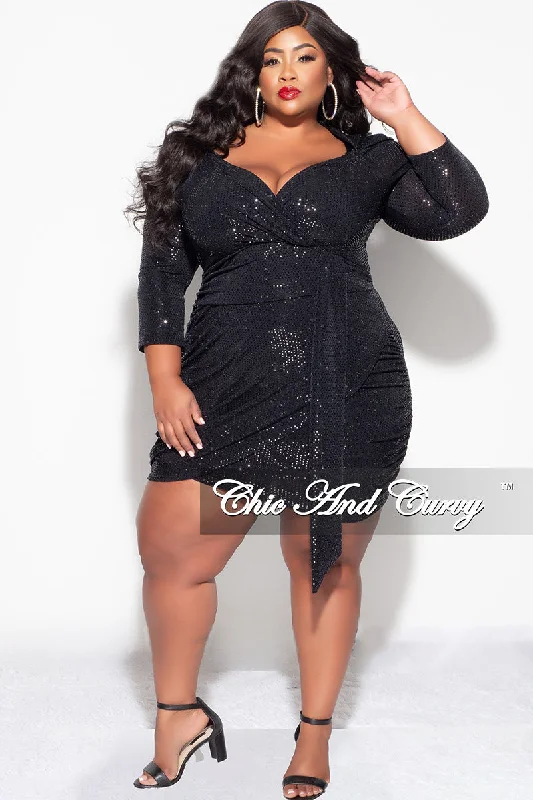 Final Sale Plus Size Bodycon V-Neck Long Sleeve Confetti Dot Knit Sequin Dress in Black