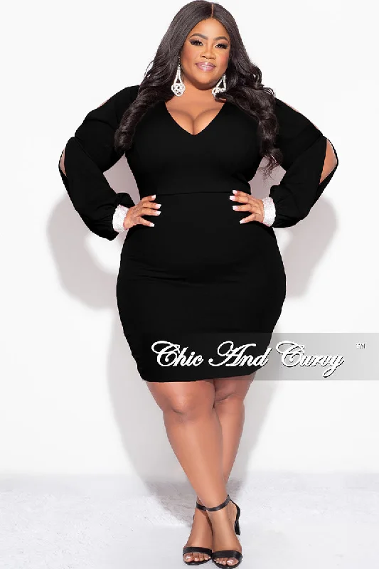 Final Sale Plus Size BodyCon Dress with Slit Sleeves and Rhinestone Cuff in Black