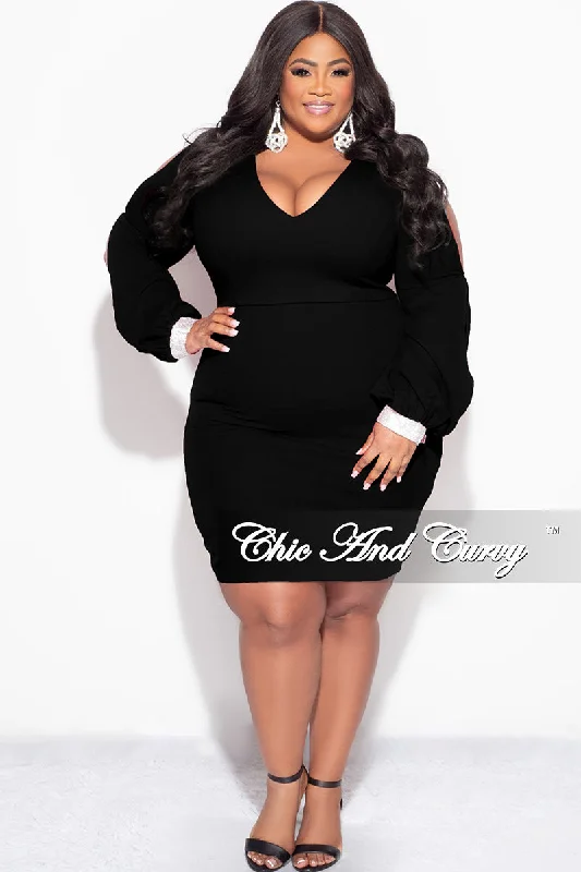 Final Sale Plus Size BodyCon Dress with Slit Sleeves and Rhinestone Cuff in Black