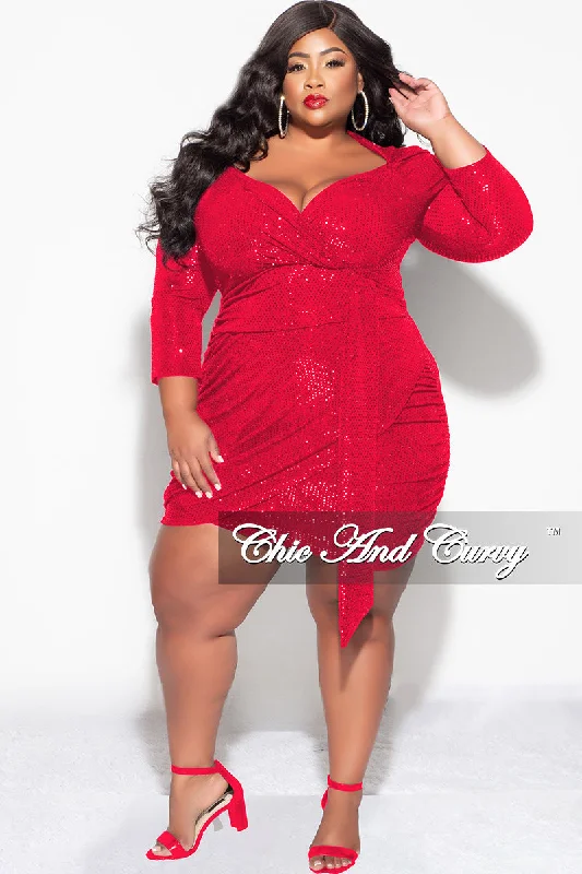 Final Sale Plus Size Bodycon V-Neck Long Sleeve Confetti Dot Knit Sequin Dress in Red