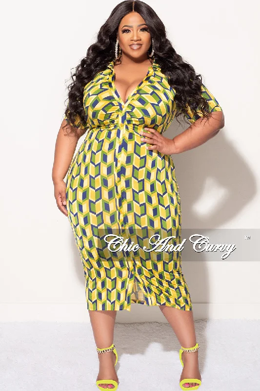 Final Sale Plus Size Collar Button Up BodyCon Dress in Blue, Green & Yellow