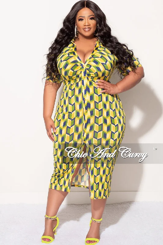 Final Sale Plus Size Collar Button Up BodyCon Dress in Blue, Green & Yellow