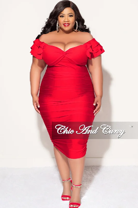 Final Sale Plus Size Shiny BodyCon Dress with Ruffle Layer Sleeves in Red