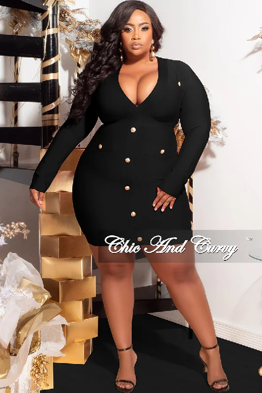 Final Sale Plus Size Deep Faux Wrap Long Sleeve Bandage BodyCon Dress with Gold Buttons in Black