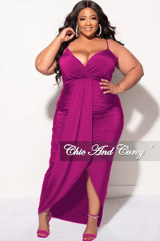 Final Sale Plus Size Ruched Faux Wrap Over BodyCon Dress with Criss Cross Back in Purple Kim 2