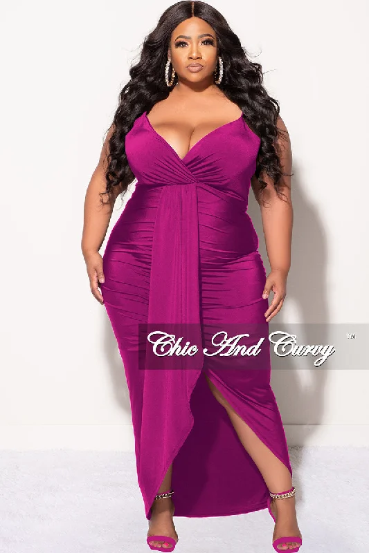 Final Sale Plus Size Ruched Faux Wrap Over BodyCon Dress with Criss Cross Back in Purple Kim 2