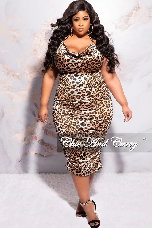 Final Sale Plus Size Halter BodyCon Satin Dress in Animal Print