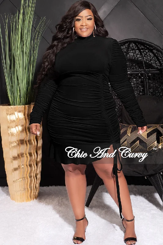 Final Sale Plus Size Long Sleeve Velvet Ruched Bodycon Dress with Bottom Ruffle in Black