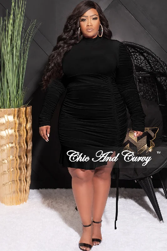 Final Sale Plus Size Long Sleeve Velvet Ruched Bodycon Dress with Bottom Ruffle in Black