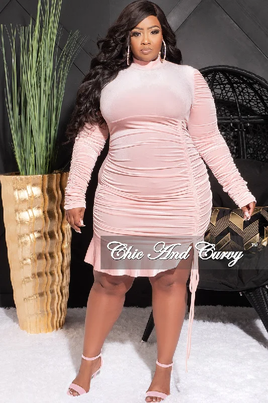 Final Sale Plus Size Long Sleeve Velvet Ruched Bodycon Dress with Bottom Ruffle in Mauve