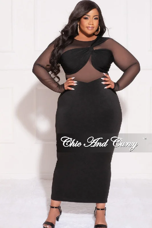 Final Sale Plus Size Mesh One Shoulder Twist Front Bra Top and Cutout Front BodyCon Dress in Black