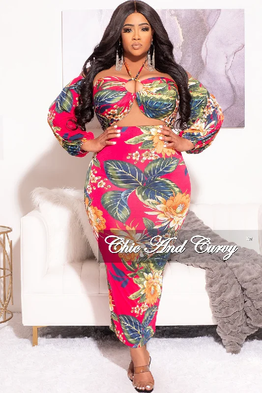 Final Sale Plus Size Off The Shoulder Halter Bodycon with Front Cutout in Fuchsia Floral  Print