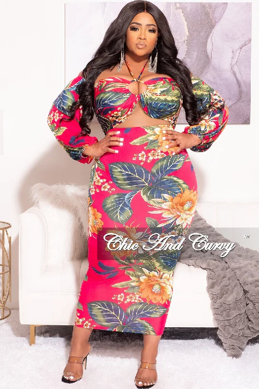 Final Sale Plus Size Off The Shoulder Halter Bodycon with Front Cutout in Fuchsia Floral  Print