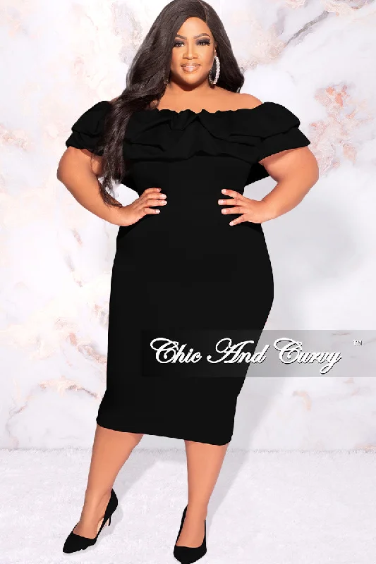 Available Online Only - Final Sale Plus Size Off the Shoulder Ruffle BodyCon Dress in Black