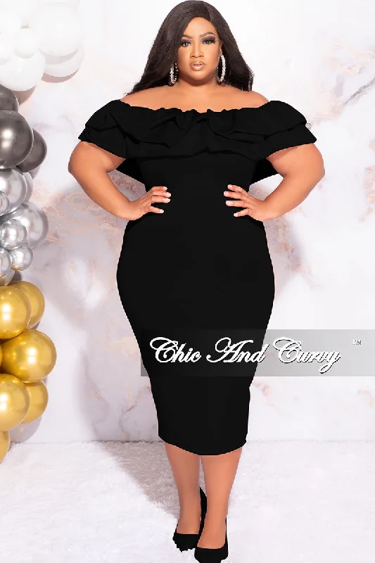 Available Online Only - Final Sale Plus Size Off the Shoulder Ruffle BodyCon Dress in Black