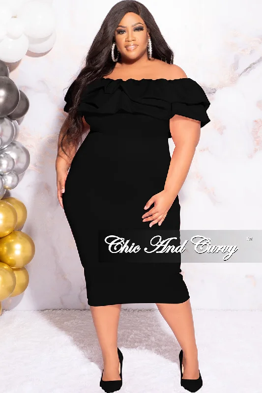 Available Online Only - Final Sale Plus Size Off the Shoulder Ruffle BodyCon Dress in Black