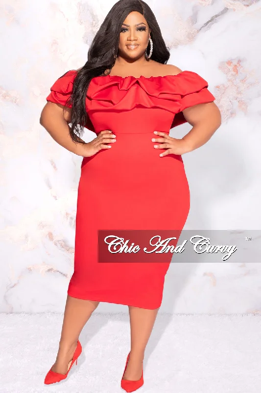 Final Sale Plus Size Off the Shoulder Ruffle BodyCon Dress in Red