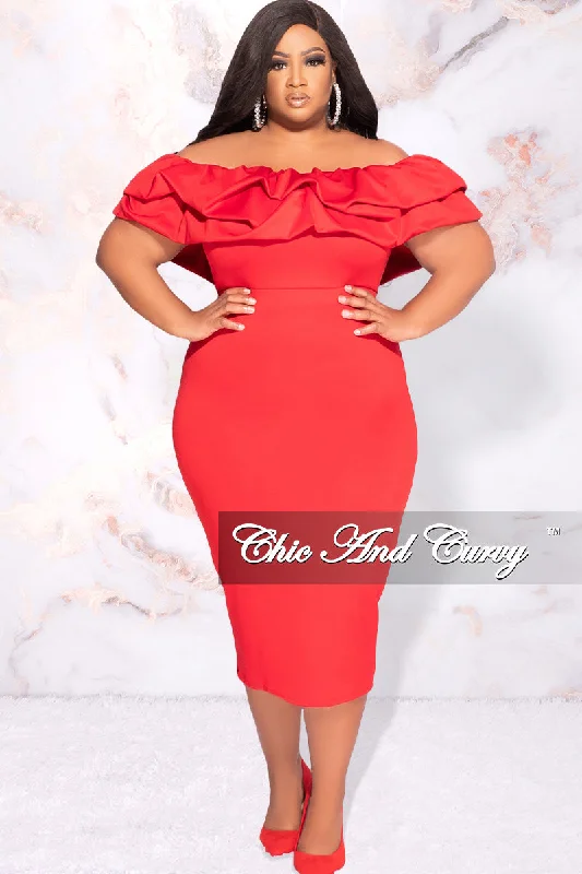 Final Sale Plus Size Off the Shoulder Ruffle BodyCon Dress in Red