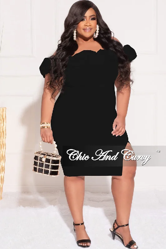 Final Sale Plus Size Off the Shoulder Ruffle BodyCon Dress with Side Slit in Black