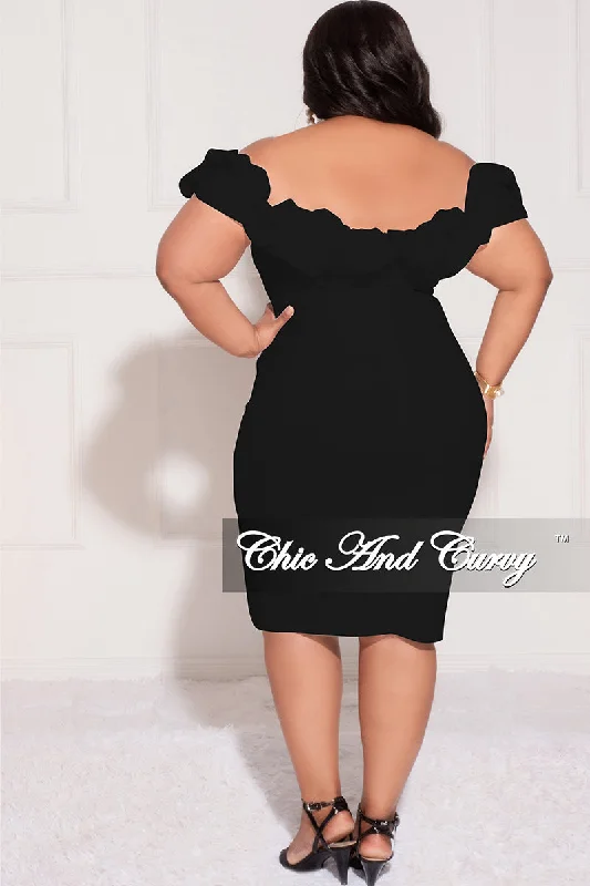 Final Sale Plus Size Off the Shoulder Ruffle BodyCon Dress with Side Slit in Black