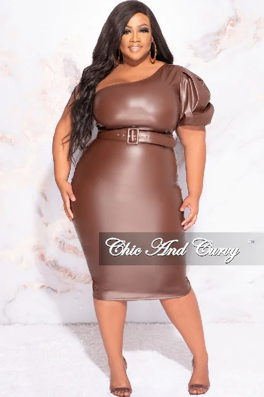 Final Sale Plus Size One Shoulder Faux Leather BodyCon Dress with Belt in Brown