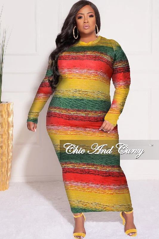 Final Sale Plus Size Reversible Long Sleeve BodyCon Dress in Green & Yellow Print