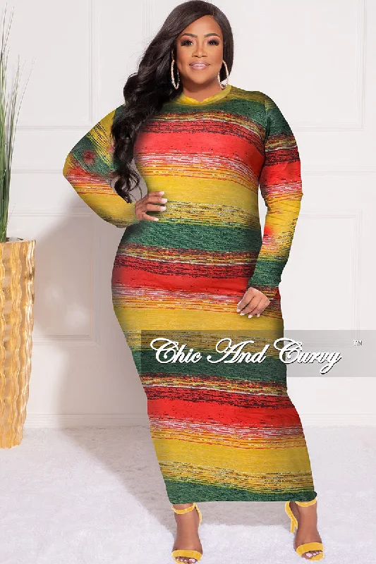 Final Sale Plus Size Reversible Long Sleeve BodyCon Dress in Green & Yellow Print