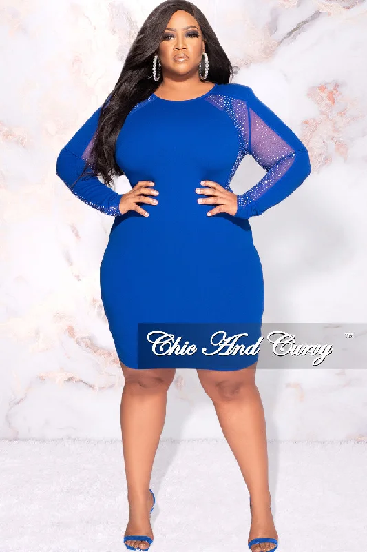 Final Sale Plus Size Rhinestone Sheer Sleeve BodyCon Dress in Royal Blue