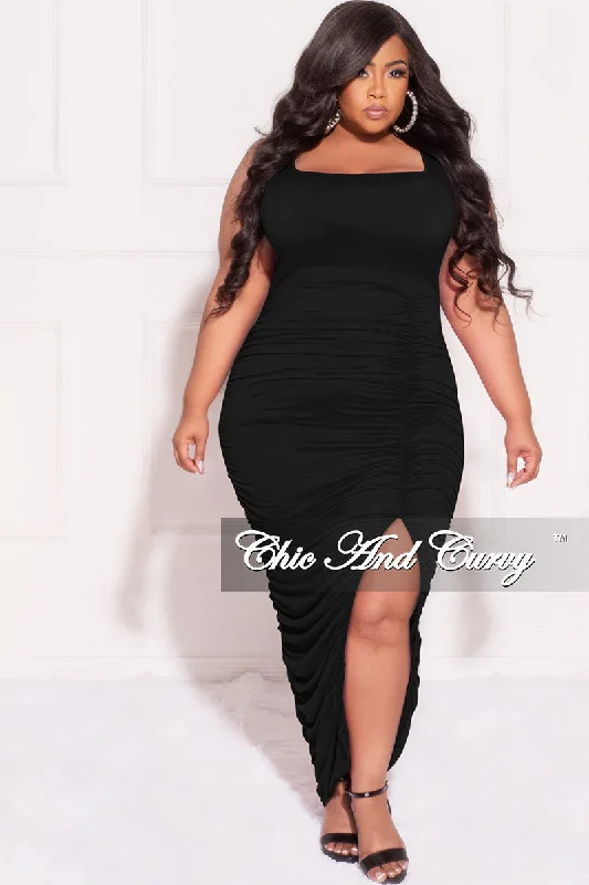 Final Sale Plus Size Sleeveless Ruched Bodycon Dress with Slit in Black