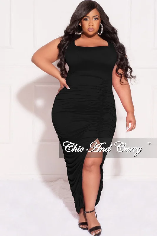 Final Sale Plus Size Sleeveless Ruched Bodycon Dress with Slit in Black