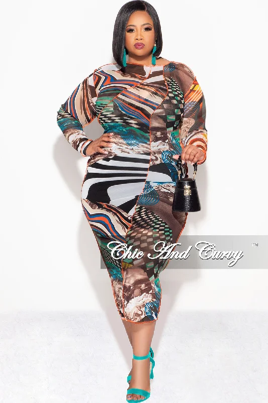 Final Sale Plus Size Sheer Mesh Bodycon Dress in Brown Multi Color Design Print