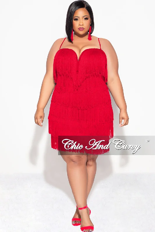 Final Sale Plus Size Spaghetti Strap BodyCon Fringe Dress in Red