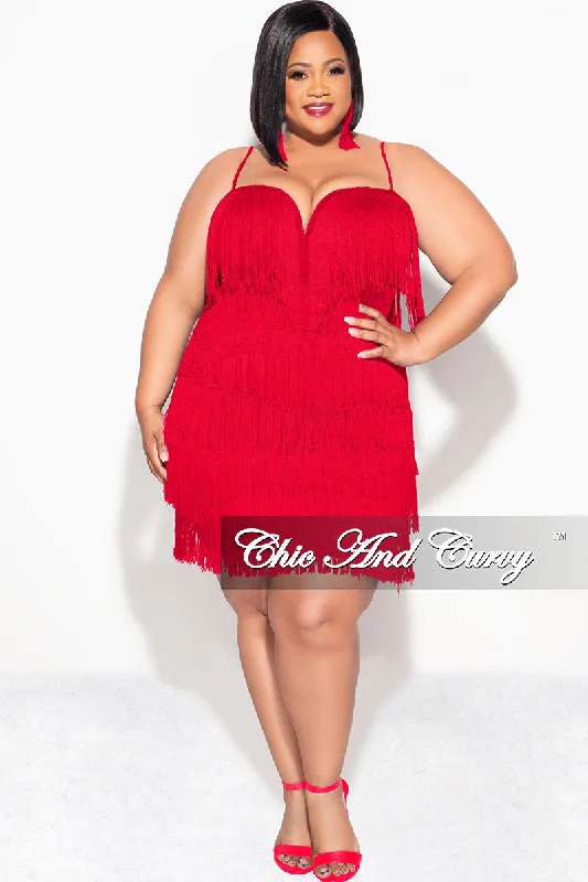 Final Sale Plus Size Spaghetti Strap BodyCon Fringe Dress in Red