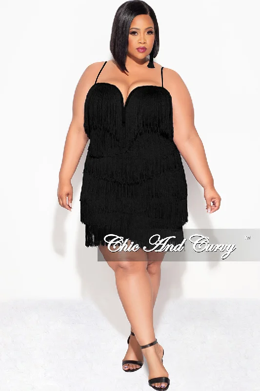 Final Sale Plus Size Spaghetti Strap BodyCon Fringe Dress in Black