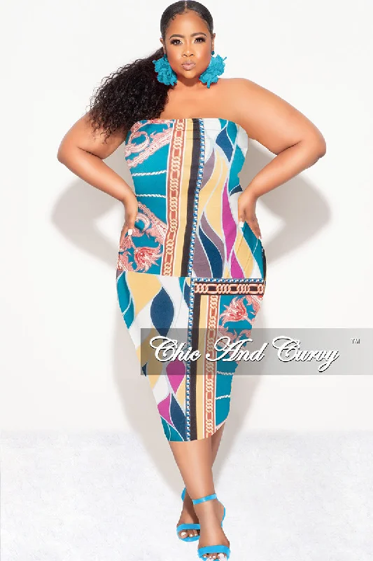 Final Sale Plus Size Strapless Tube BodyCon Dress in Multi Color Design Print