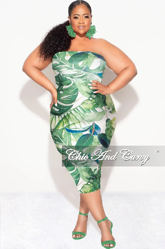 Final Sale Plus Size Strapless Tube BodyCon Dress in Green & White Leaf Print