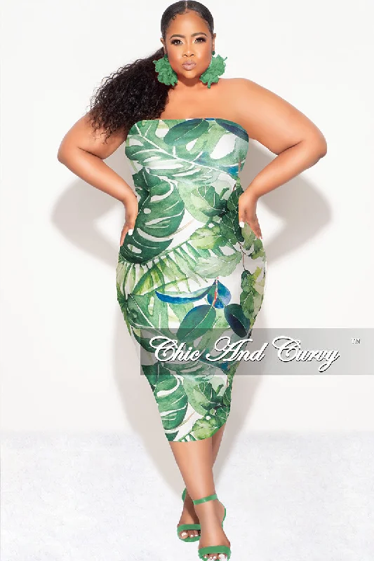 Final Sale Plus Size Strapless Tube BodyCon Dress in Green & White Leaf Print