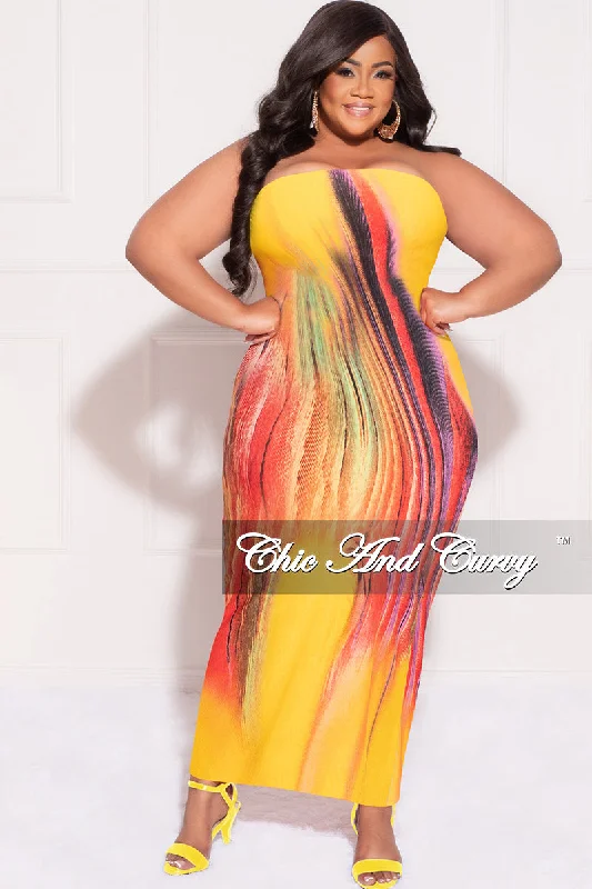 Final Sale Plus Size Strapless Tube BodyCon Dress in Yellow Mustard Multi-Color Mustard Print