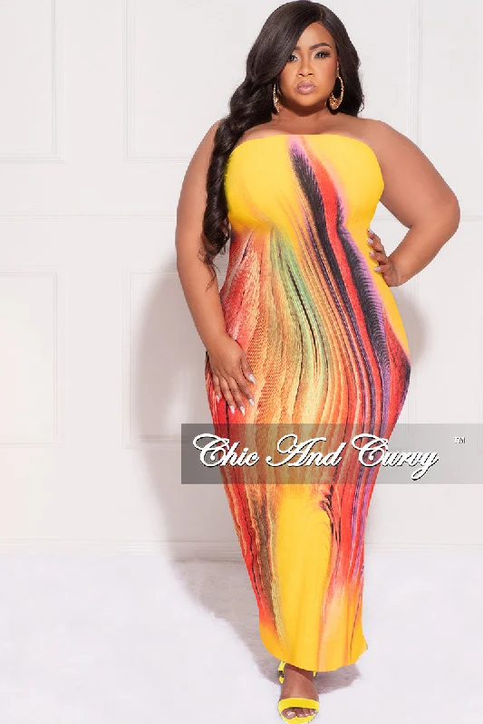 Final Sale Plus Size Strapless Tube BodyCon Dress in Yellow Mustard Multi-Color Mustard Print