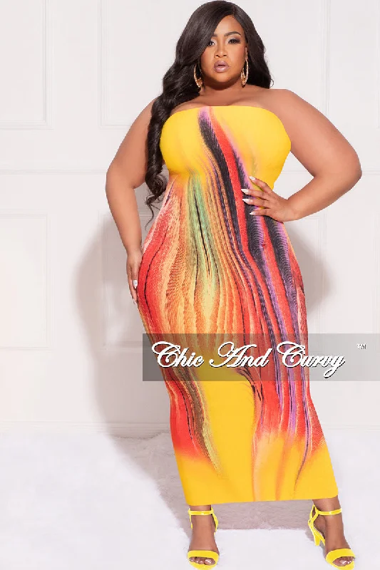 Final Sale Plus Size Strapless Tube BodyCon Dress in Yellow Mustard Multi-Color Mustard Print