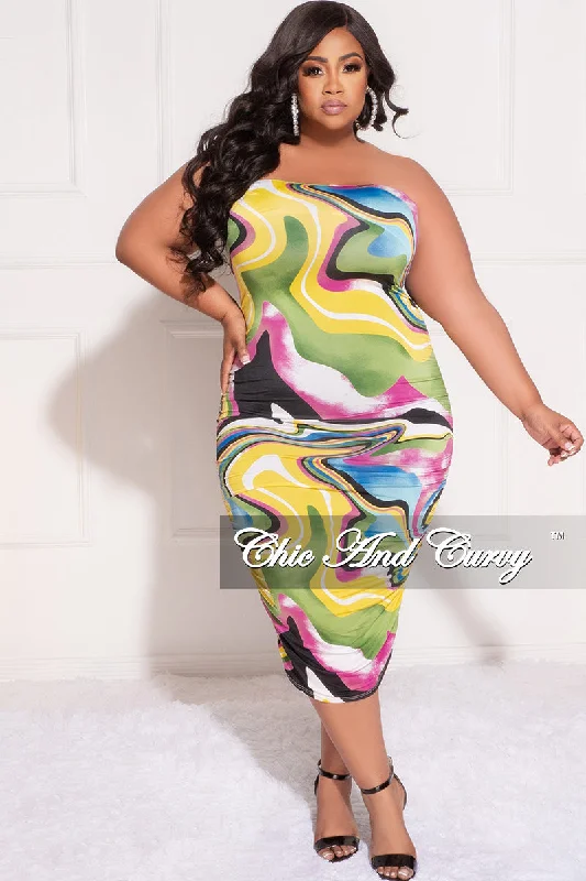 Final Sale Plus Size Strapless Tube BodyCon Dress in Yellow, Green and Fucshia Print