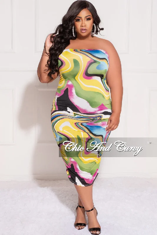 Final Sale Plus Size Strapless Tube BodyCon Dress in Yellow, Green and Fucshia Print