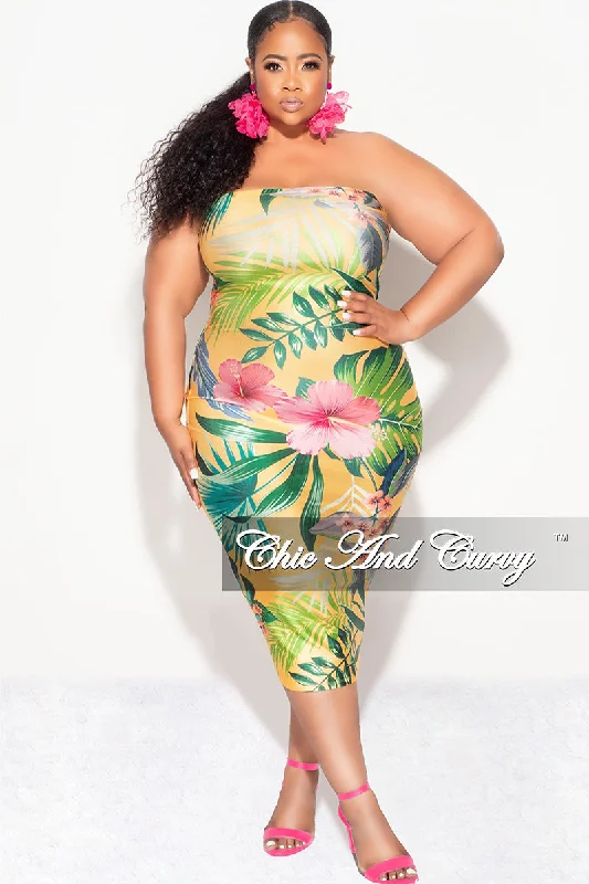 Final Sale Plus Size Strapless Tube BodyCon Dress in Yellow Tropical Flower Print