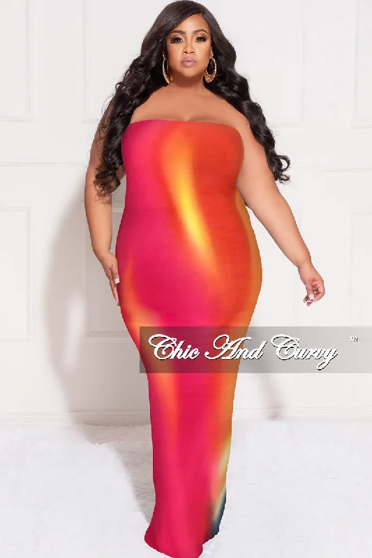 Final Sale Plus Size Strapless Tube BodyCon Dress with Back Slit in Fuchsia Multi Color Print