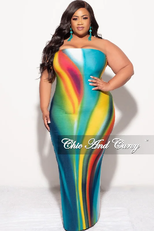 Final Sale Plus Size Strapless Tube BodyCon Dress with Back Slit in Teal Multi Color Print