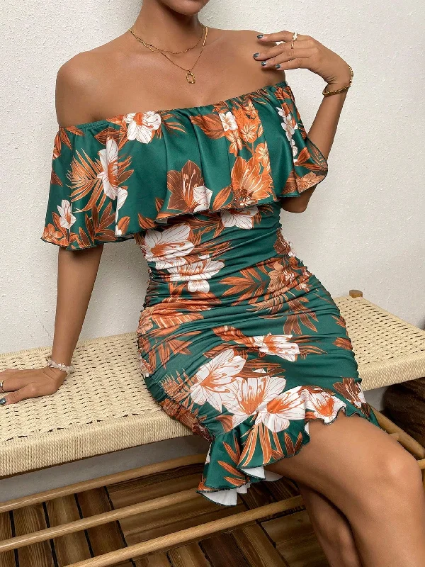 Floral Print Off Shoulder Ruffle Trim Ruched Bodycon Dress