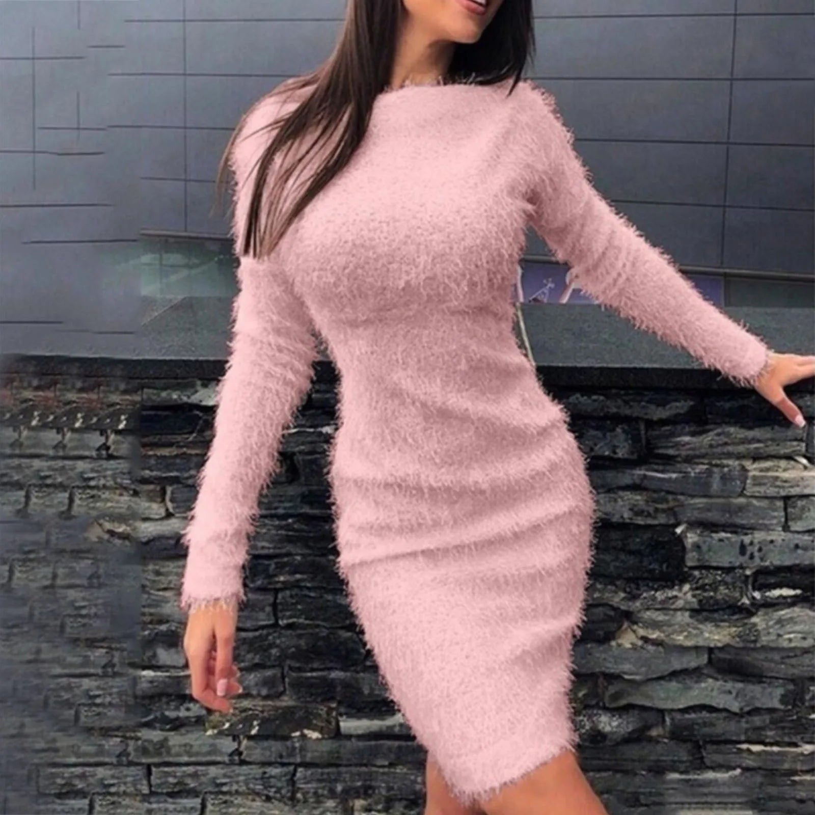 DressBetty - 2024 Long Sleeves O-Neck Mini Chic Slim Plush Knit Bodycon Dress