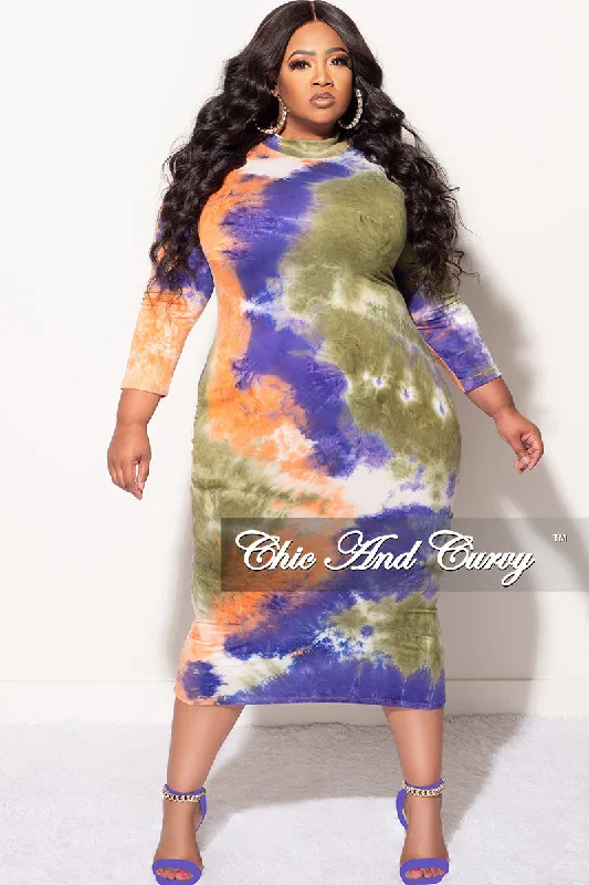 Final Sale Plus Size  Bodycon Dress w/ Mid Sleeves and Tie in Green, Orange, Blue Tie Dye