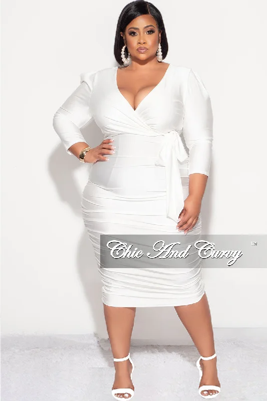 Final Sale Plus Size Shiny Spandex Faux Wrap Ruched Bodycon Dress in White