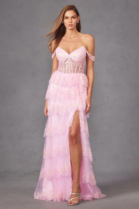 Lace Off Shoulder A-line Tiered Slit Gown by Juliet JT2453K